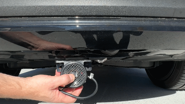 The Just Add Noise EV Noise Emitter can be installed under a bumper or similar position. Secure in place by using cable ties or similar. EV Noise emitter on a Volvo XC40 electric.
