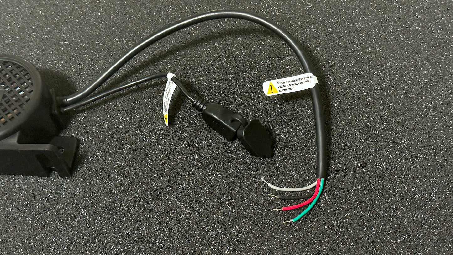 Just Add Noise EV Noise Emitter, photo showing USB connector to upload your own sound / audio file, plus showing 4 wire connection. Make your EV play different sound effects, with simple installation.
