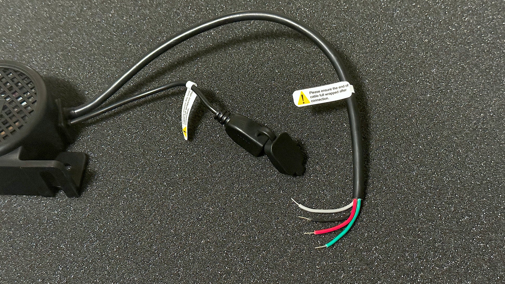 Just Add Noise EV Noise Emitter, photo showing USB connector to upload your own sound / audio file, plus showing 4 wire connection.