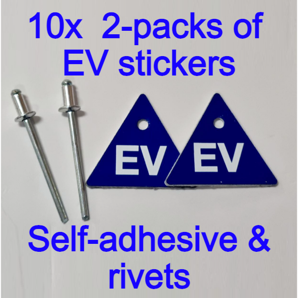Two blue triangular EV stickers with self-adhesive and rivets on a gray background.