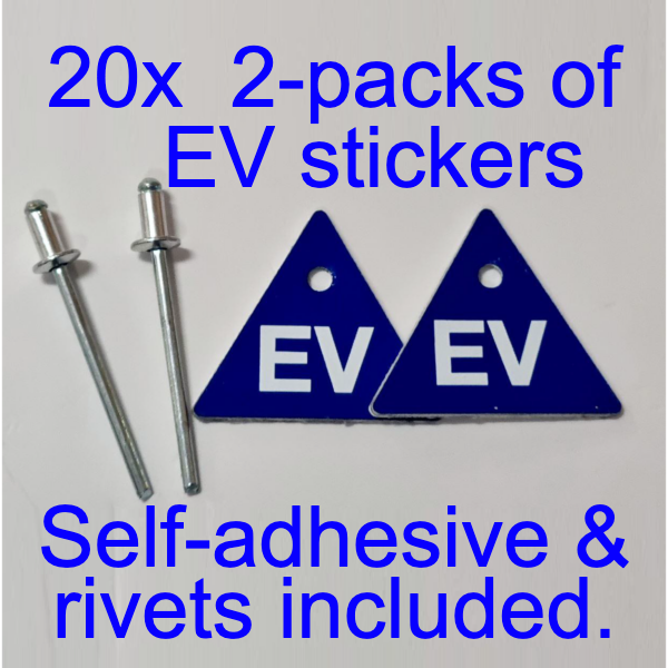 20x 2-packs of EV stickers with self-adhesive and rivets on a gray background