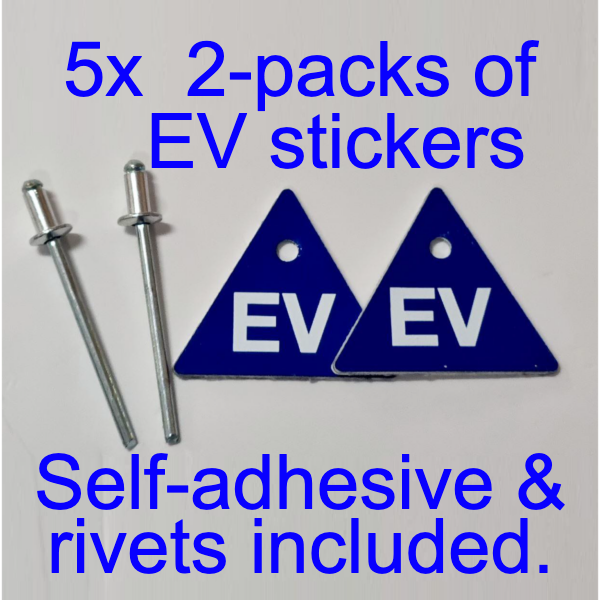 5x 2-packs of EV stickers. Two blue triangular EV stickers with self-adhesive and rivets on a gray background.