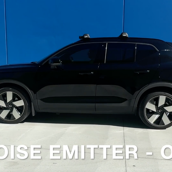 Demonstration video of a customer with a Just Add Noise EV Noise emitter, turning on an example audio file. Other vehicle traffic can be hear, while the EV is silent. Turning on the EV Noise Emitter allows the EV to be heard.